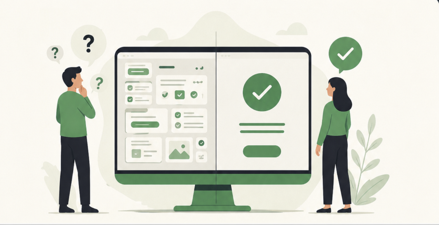 Two people reviewing a consistent website system and checklist